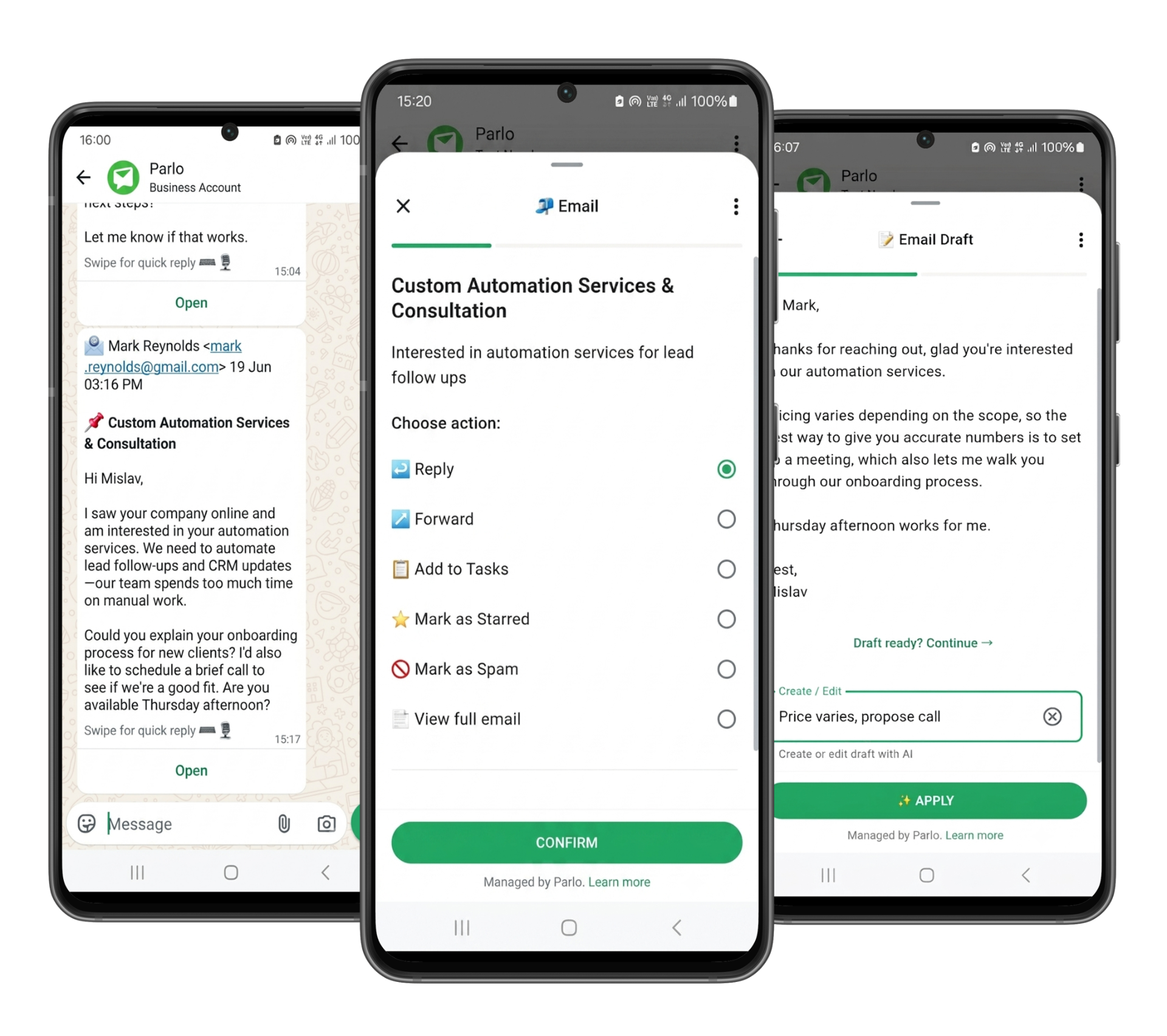 Kolegio email actions in WhatsApp